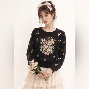 VTG LIZ CLAIBORNE black dark romantic floral knit sweater cottagecore size small